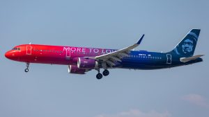 Alaska Airlines Airbus A321 wearing "More to Love" livery landing at LAX